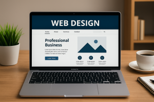 Diseño Web en Murcia Un ordenador portátil sobre un escritorio de madera muestra una página de inicio de diseño web. Junto al portátil hay una taza de café, una planta y un cuaderno con bolígrafo.