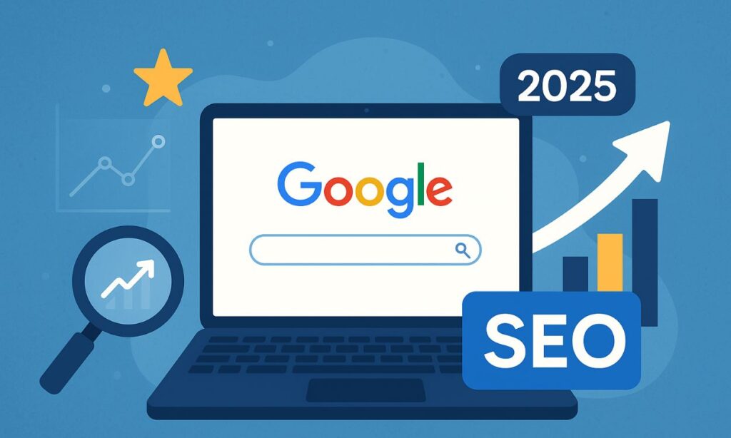 Diseño Web en Murcia Ilustración de un ordenador portátil mostrando la búsqueda de Google, con SEO, 2025, iconos de gráficos y una lupa, simbolizando las tendencias de optimización de motores de búsqueda para 2025.