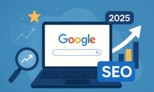 Diseño Web en Murcia Ilustración de un ordenador portátil mostrando la búsqueda de Google, con SEO, 2025, iconos de gráficos y una lupa, simbolizando las tendencias de optimización de motores de búsqueda para 2025.