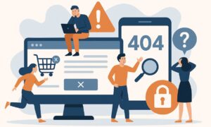 Diseño Web en Murcia Ilustración de personas reaccionando ante errores de un sitio web, incluidos un error 404, un problema con el carro de la compra, una señal de advertencia y el símbolo del candado, mostrados en pantallas grandes y dispositivos móviles.