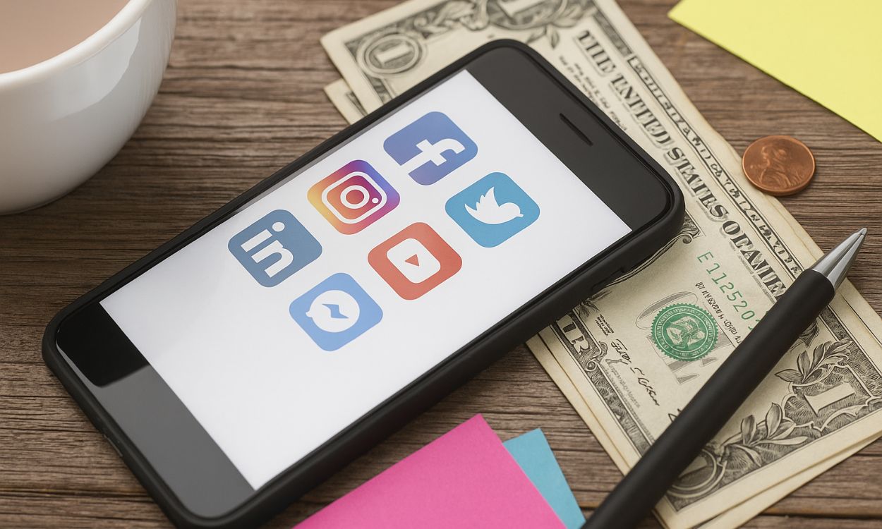 Diseño Web en Murcia Smartphone que muestra iconos de aplicaciones de redes sociales en la pantalla, colocado encima de billetes de un dólar estadounidense, con un bolígrafo, billetes de colores y una moneda cerca sobre una superficie de madera.