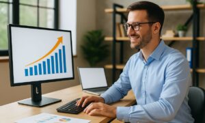Diseño Web en Murcia Un hombre con camisa azul se sienta en un escritorio y sonríe ante un ordenador que muestra un gráfico de barras ascendente. En el escritorio también hay un ordenador portátil y gráficos.