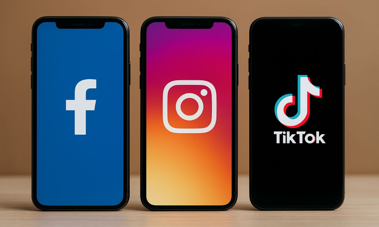 Diseño Web en Murcia Tres smartphones con los logotipos de Facebook, Instagram y TikTok, de izquierda a derecha, en posición vertical sobre una superficie de madera con fondo liso.