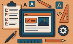 Diseño Web en Murcia Ilustración de una tableta que muestra una página web rodeada de herramientas de diseño, lista de comprobación, lápices, regla, engranaje y elementos tipográficos sobre una superficie de madera.