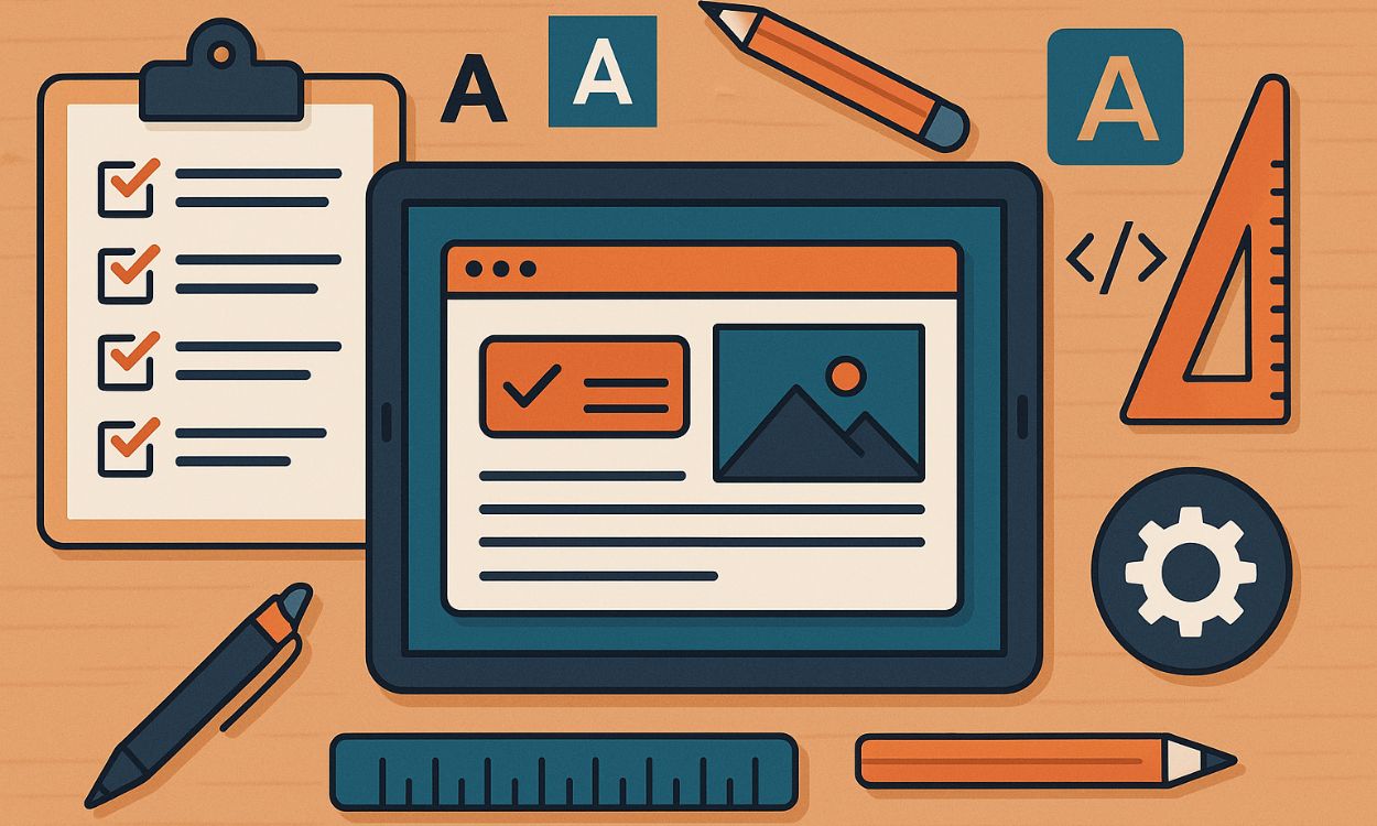 Diseño Web en Murcia Ilustración de una tableta que muestra una página web rodeada de herramientas de diseño, lista de comprobación, lápices, regla, engranaje y elementos tipográficos sobre una superficie de madera.