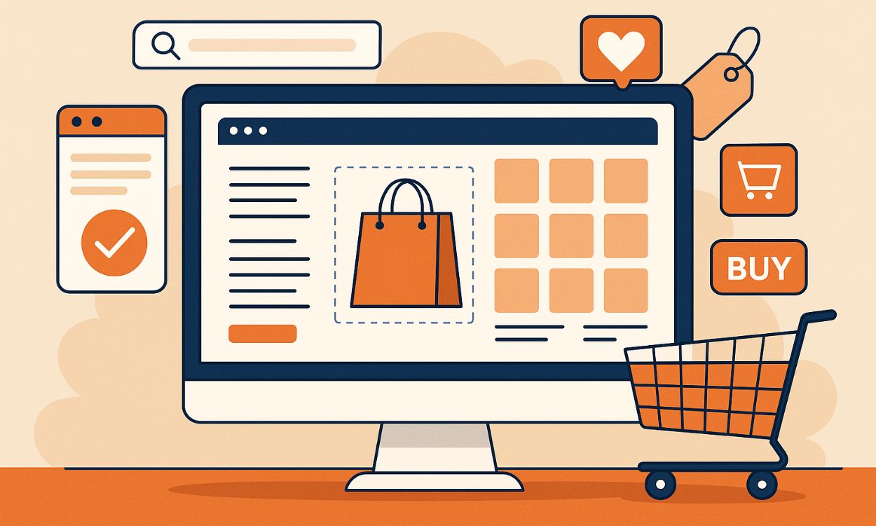 Diseño Web en Murcia Ilustración de un sitio web de compras en línea en una pantalla de ordenador con iconos de carrito de la compra, un botón de compra y un gráfico de bolsa de la compra.