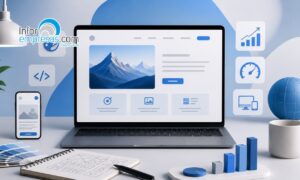 Diseño Web en Murcia Un ordenador portátil en el que se ve el diseño de una página web con imágenes de montañas está rodeado de iconos relacionados con el mundo empresarial y tecnológico, un smartphone, gráficos, un cuaderno y herramientas de diseño sobre un escritorio.