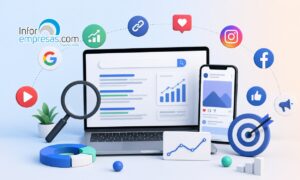 Diseño Web en Murcia Un ordenador portátil y un smartphone muestran gráficos y análisis rodeados de iconos de redes sociales, una lupa y elementos de marketing, que representan el marketing digital y la analítica web.