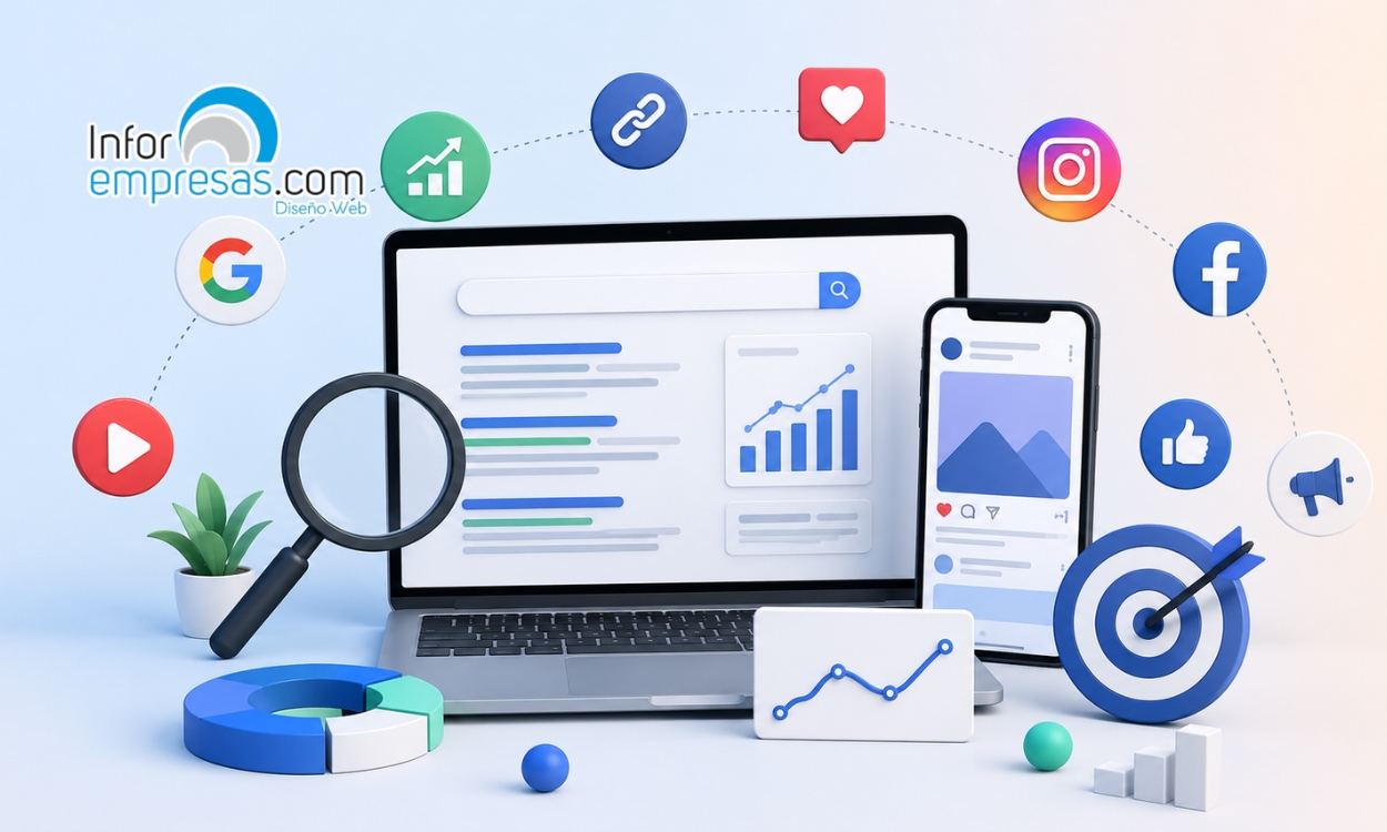 Diseño Web en Murcia Un ordenador portátil y un smartphone muestran gráficos y análisis rodeados de iconos de redes sociales, una lupa y elementos de marketing, que representan el marketing digital y la analítica web.