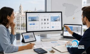 Diseño Web en Murcia Dos personas trabajan en un escritorio con varias pantallas que muestran diseños de páginas web, una tableta, una calculadora, documentos y un mapa de España en la pared. En la imagen aparece el logotipo de "InforEmpresas".