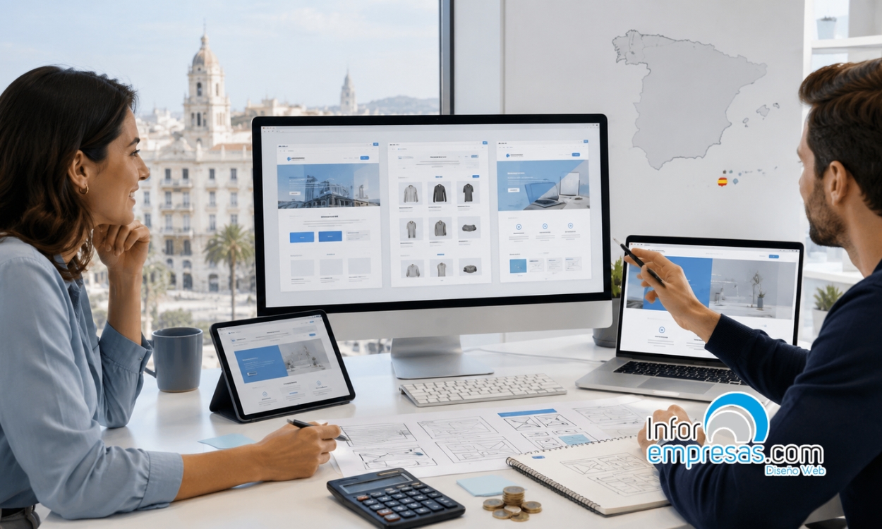 Diseño Web en Murcia Dos personas trabajan en un escritorio con varias pantallas que muestran diseños de páginas web, una tableta, una calculadora, documentos y un mapa de España en la pared. En la imagen aparece el logotipo de "InforEmpresas".